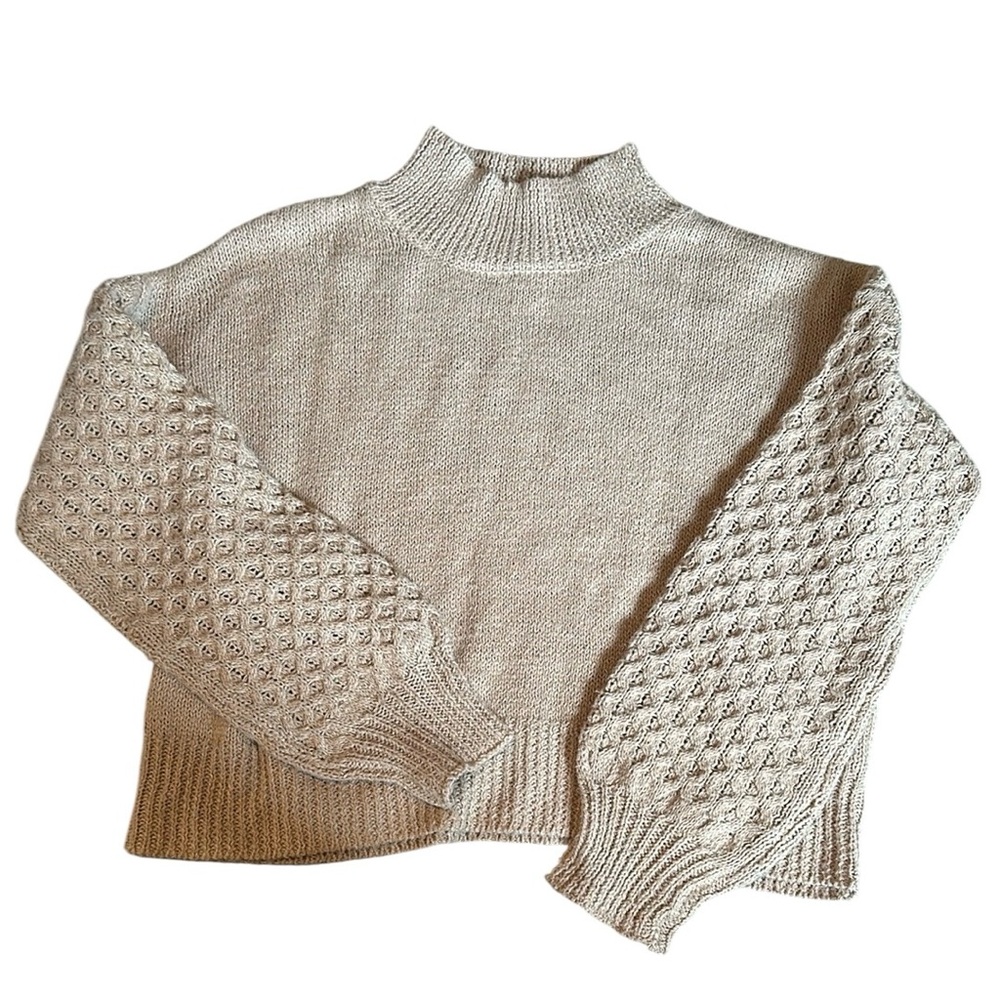 Cream Cowl Neck Sweater with Chunky Knit and Ribbed Texture